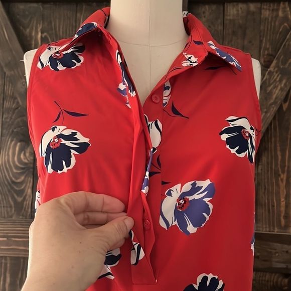 Banana Republic Factory Red Floral Collared Women's Casual Dress - Picture 6 of 9